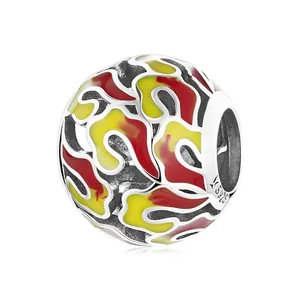 S925 sterling silver hollow charm with red and yellow enamel flame patterns for DIY bracelets