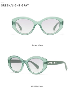 Detail view of light green cat-eye sunglasses with rhinestone-embellished temples