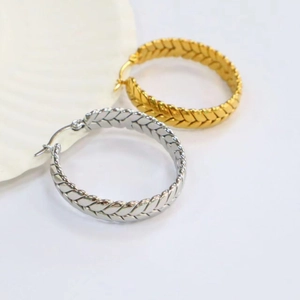 Classic 18K gold and silver plated wheat grain hoop earrings for women with textured design