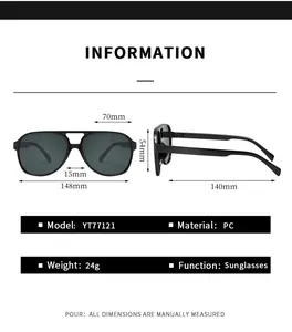 Detailed dimension chart showing 70mm lens width and PC frame specs for pilot sunglasses
