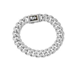 Silver Cuban link bracelet with diamonds and dollar sign clasp on white background