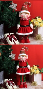 Détails des lutins de Noël en peluche avec jambes télescopiques et bonnets rayés
