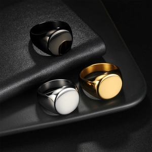 Polished titanium steel signet rings for men in black, gold, and silver finishes