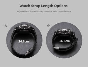 Detail showing adjustable sport watch strap range from 16.5cm to 24.6cm for different wrist sizes