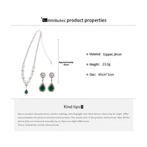 Detailed view of luxury green zircon jewelry set showing copper dimensions and weight