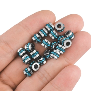 Polished silver cylinder beads with lake blue rhinestones for DIY jewelry making