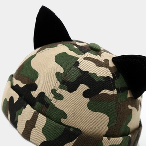 Unisex camouflage docker cap with cute black cat ears and vintage streetwear brimless style