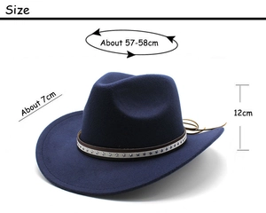 Detail view of felt cowboy hat size specifications showing 7cm brim and 12cm crown height