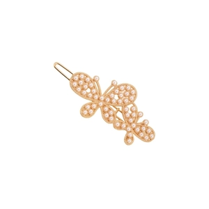 Elegant gold hollow butterfly hair clip with inlaid white pearls on a white background