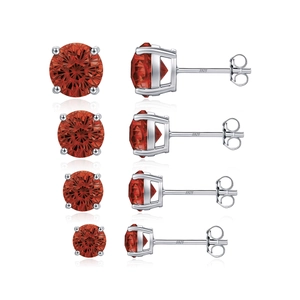 S925 sterling silver stud earrings with round red garnet-colored stones in four sizes