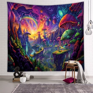 Vibrant psychedelic mushroom tapestry for bedroom wall decor with surreal mountain landscape