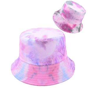Roze en paarse tie-dye katoenen vissershoed met brede rand en sierstiksels