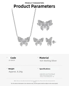 Detail view of butterfly jewelry set showing silver 925 material and dimensions