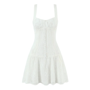 Robe à Bretelles Blanche en Dentelle pour Femme Broderie Florale Nœud Bouton Col en V Mini Robe d'été pour Vacances Décontractée