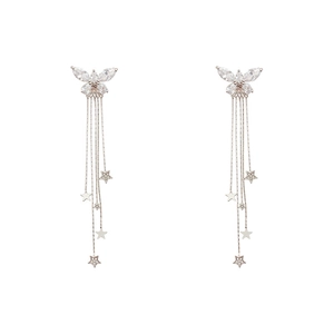 Elegant 925 silver needle long tassel earrings with butterfly zircon and star charms