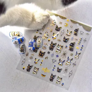 Bronzing Egyptian cat nail stickers with gold foil patterns and blue plaid false nails