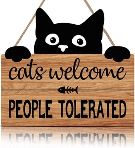 Detail of wooden cat welcome sign with hemp rope and engraved humorous message