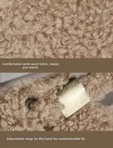 Macro detail of khaki sherpa fleece texture and adjustable metal buckle on winter cap