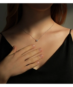 Elegant s925 silver necklace with sparkling moissanite solitaire worn on model neck