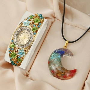 Vintage cloisonne floral bangle watch and colorful crescent stone pendant jewelry set