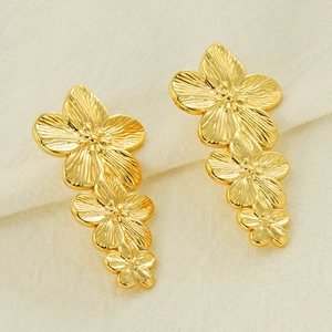 Vintage oversized gold plated titanium steel floral earrings with three-layer flower design