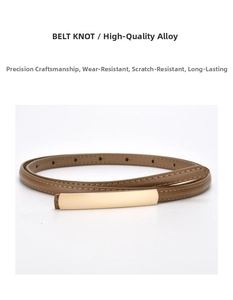 Close-up of brown leather skinny belt with rectangular gold alloy buckle and stitching