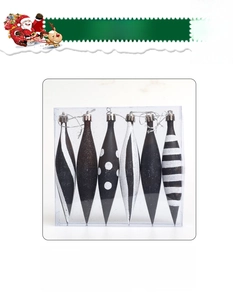 Detailed view of six black spindle-shaped Christmas ornaments with unique patterns
