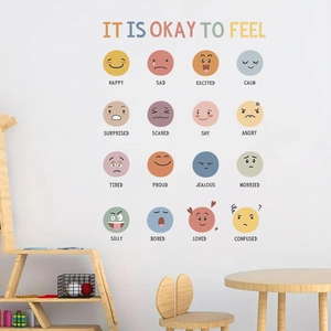 Nursery wall stickers with 16 emoji emotions and 'It is okay to feel' educational text