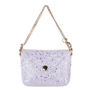 Close-up of small silver glitter handbag with gold chain strap and snap closure detail