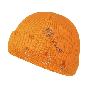 Orange knitted hip-hop beanie with decorative silver metal rings and pin accessories