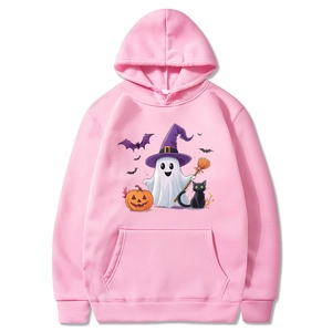 Pink Halloween hoodie with festive ghost and pumpkin graphics for men and women