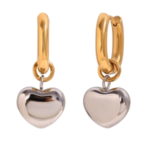 Modern two-tone heart dangle earrings in 18K gold and silver plated stainless steel