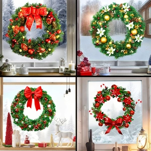Christmas Wreath Window Stickers Pvc Self Adhesive Holiday Party Glass Decor Waterproof Removable Festive Home Decor