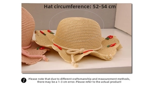 Detail of girls straw sun hat with cherry accents and wavy brim, size 52-54cm