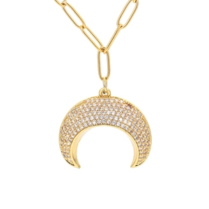 Copper Crescent Moon Pendant Necklace Zirconia Inlaid Paperclip Chain Electroplated Gold Silver Fashion Necklace Jewelry For Women