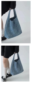 Detailed close-up of blue woven denim tote bag showing soft texture and spacious design