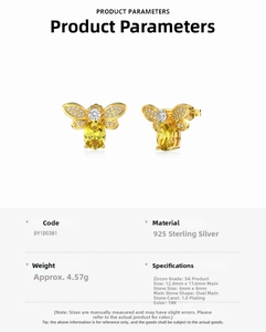 Detailed technical drawing of S925 silver bee stud earrings with 1ct yellow zircon stones