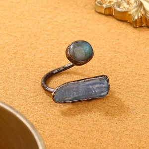 Vintage bronze open ring featuring natural labradorite and kyanite stones
