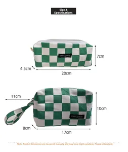 Detailed size specifications for checkerboard canvas pencil cases and makeup bags