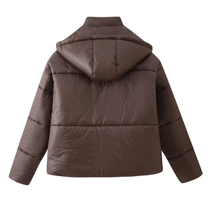 Winter women's brown quilted puffer jacket with hood and faux leather glossy finish