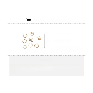Detailed spec sheet showing nine gold alloy rings with snake and rhinestone designs