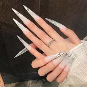 Silver moon cat eye stiletto press-on nails featuring metal lines and small rhinestones