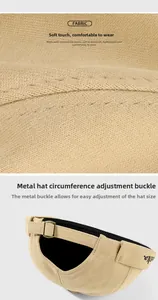Detail of khaki beanie showing premium twill fabric texture and adjustable metal buckle