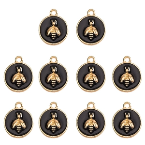 Set of 10 round black enamel bee pendants with gold plated edges for DIY jewelry making