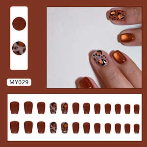 Caramel brown and leopard print cat-eye press-on nails set in square shape for women
