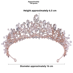 Detail of rose gold bridal crown with crystal beads: 6.5cm height and 16cm diameter