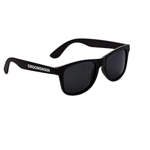 Classic black square sunglasses with white GROOMSMAN text for wedding party gifts