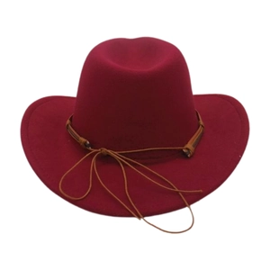 Close-up of wine red wool felt cowboy hat with braided brown leather band detail
