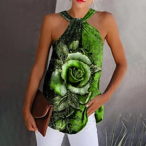 Green halter neck tank top with rose floral print and slim fit cut for women