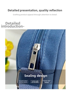 Detail of blue canvas bag showing metal zipper closure and high-quality hardware texture